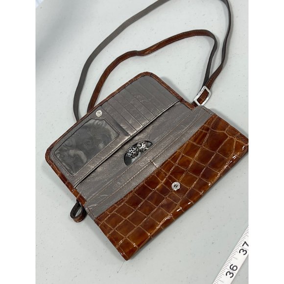 Brighton Vintage Croc Purse Shoulder Bag Brown Snap Flap Front Wallet Crossbody - Picture 4 of 8